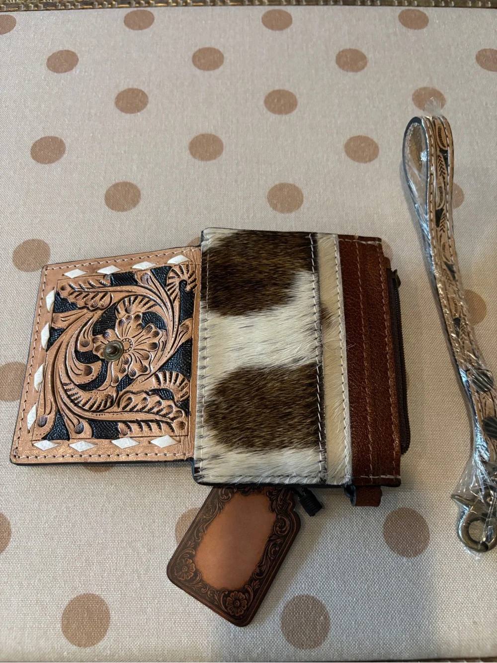 Tooled Leather Wristlet Card Wallet in Brown and Tan